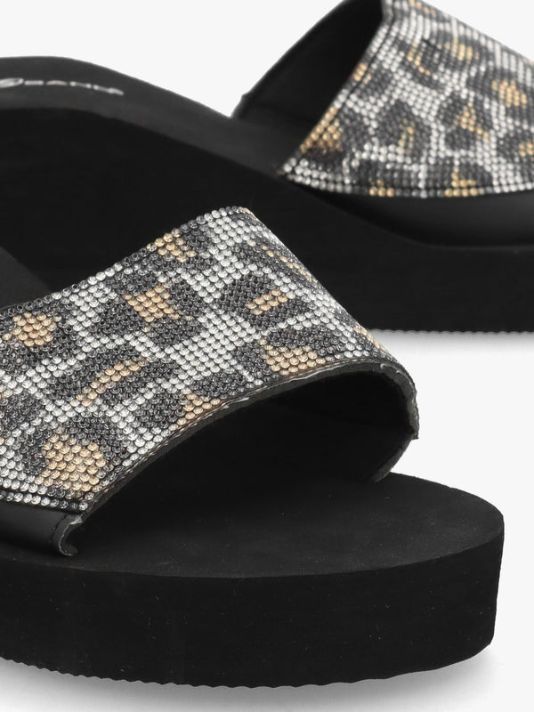 Leopard Diamante Wedge Mules