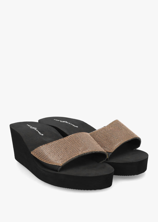 Bronze Diamante Wedge Mules