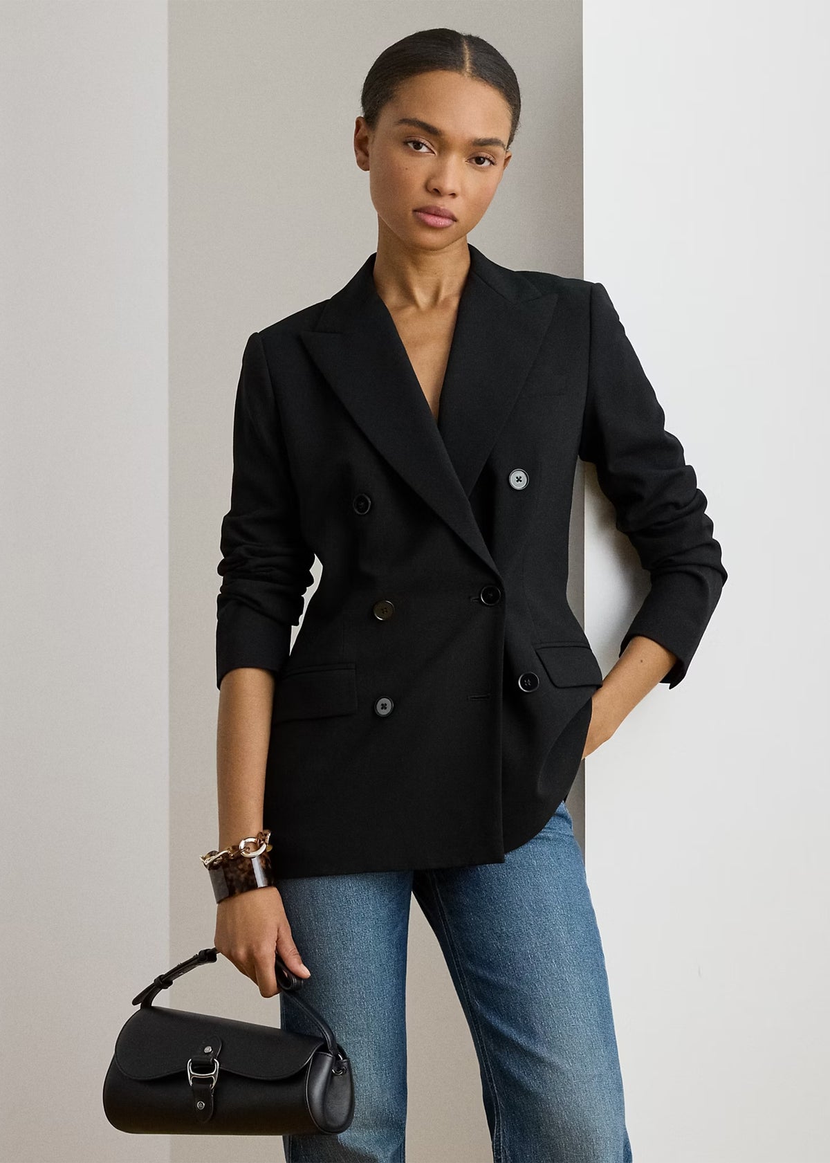 Medium Tasha East-West Black Leather Shoulder Bag