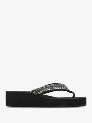 Black Full Embellished Toe Post Low Wedge Flip Flops