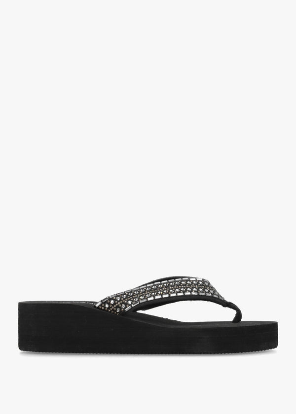 Black Full Embellished Toe Post Low Wedge Flip Flops