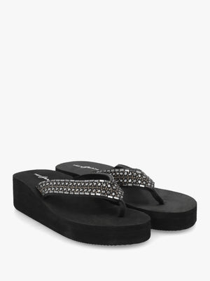 Black Full Embellished Toe Post Low Wedge Flip Flops
