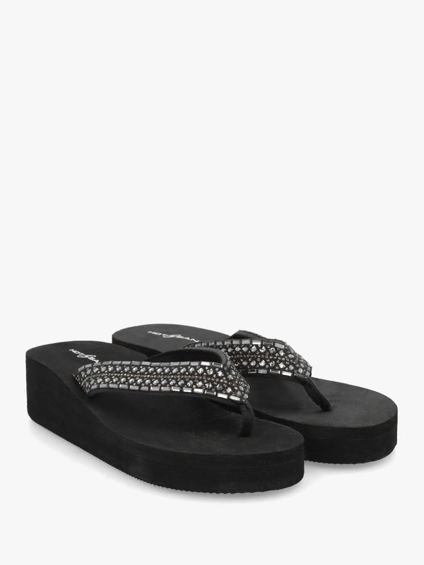 Black Full Embellished Toe Post Low Wedge Flip Flops