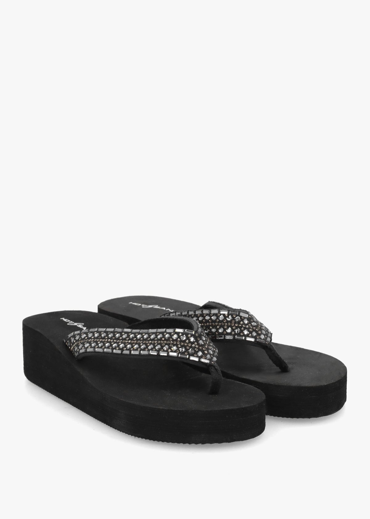 Black Full Embellished Toe Post Low Wedge Flip Flops