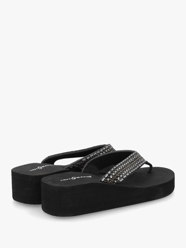 Black Full Embellished Toe Post Low Wedge Flip Flops