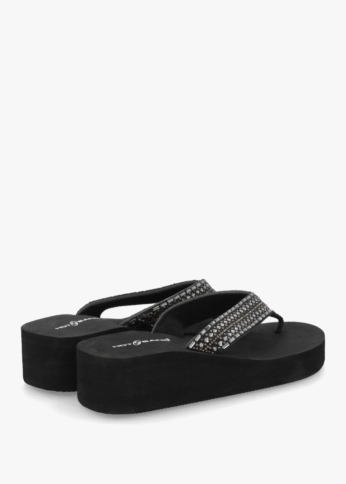 Black Full Embellished Toe Post Low Wedge Flip Flops