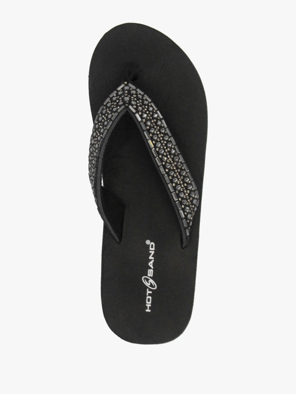 Black Full Embellished Toe Post Low Wedge Flip Flops