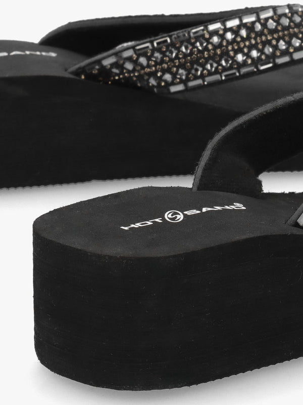 Black Full Embellished Toe Post Low Wedge Flip Flops