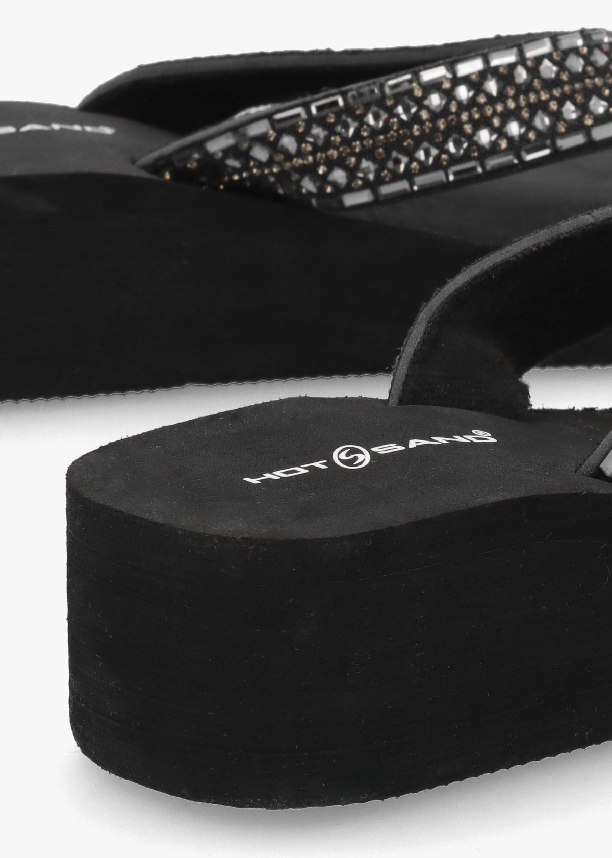 Black Full Embellished Toe Post Low Wedge Flip Flops