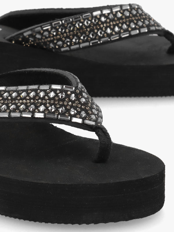 Black Full Embellished Toe Post Low Wedge Flip Flops