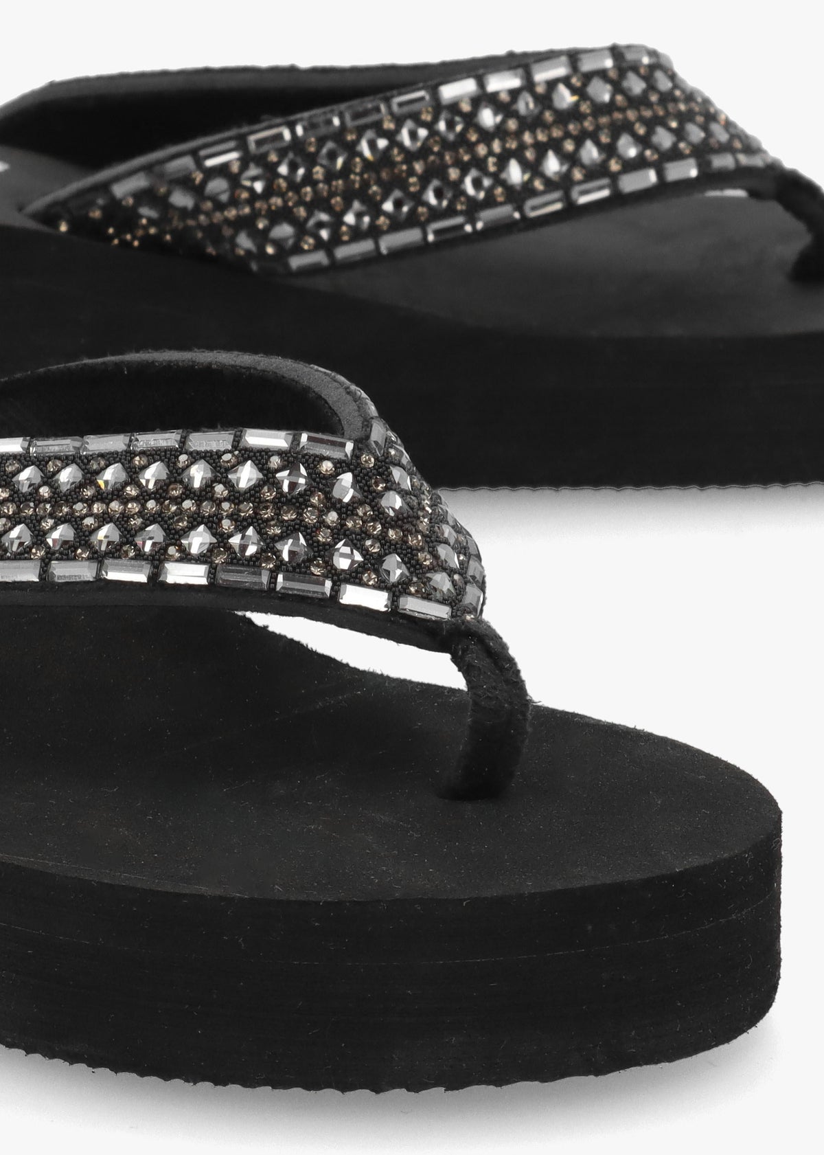 Black Full Embellished Toe Post Low Wedge Flip Flops
