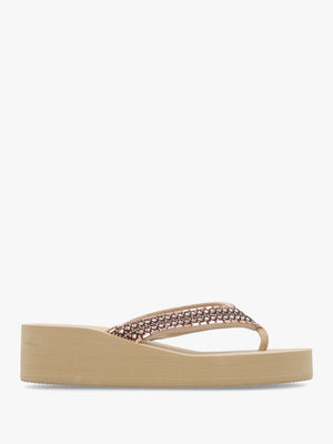 Beige Embellished Toe Post Low Wedge Flip Flops