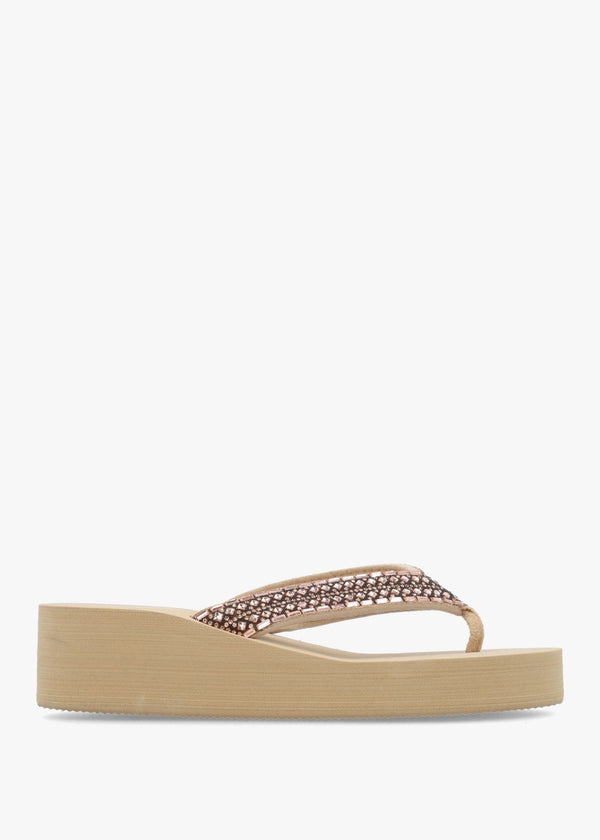 Beige Embellished Toe Post Low Wedge Flip Flops