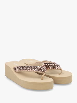 Beige Embellished Toe Post Low Wedge Flip Flops