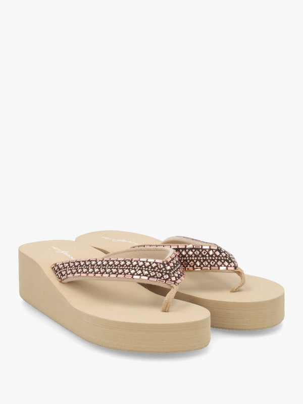 Beige Embellished Toe Post Low Wedge Flip Flops