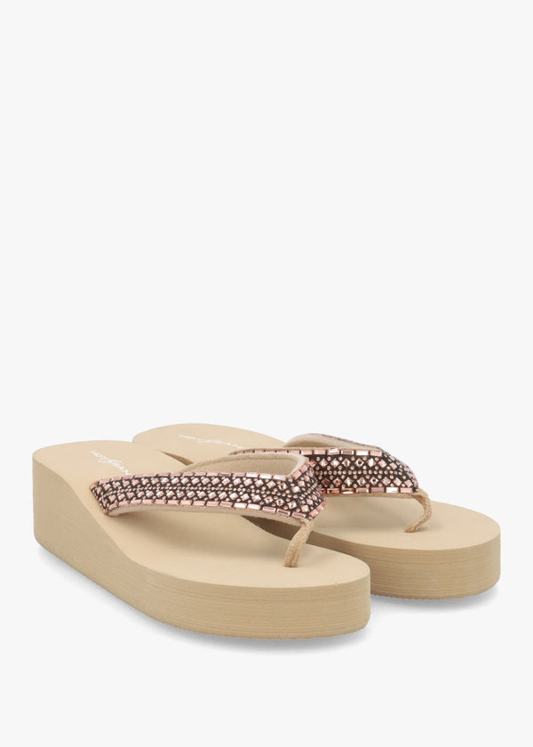 Beige Embellished Toe Post Low Wedge Flip Flops