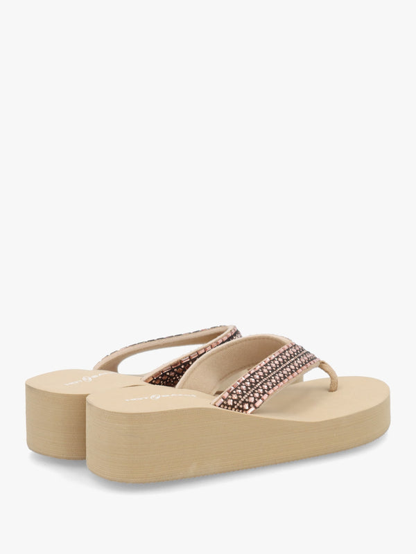 Beige Embellished Toe Post Low Wedge Flip Flops