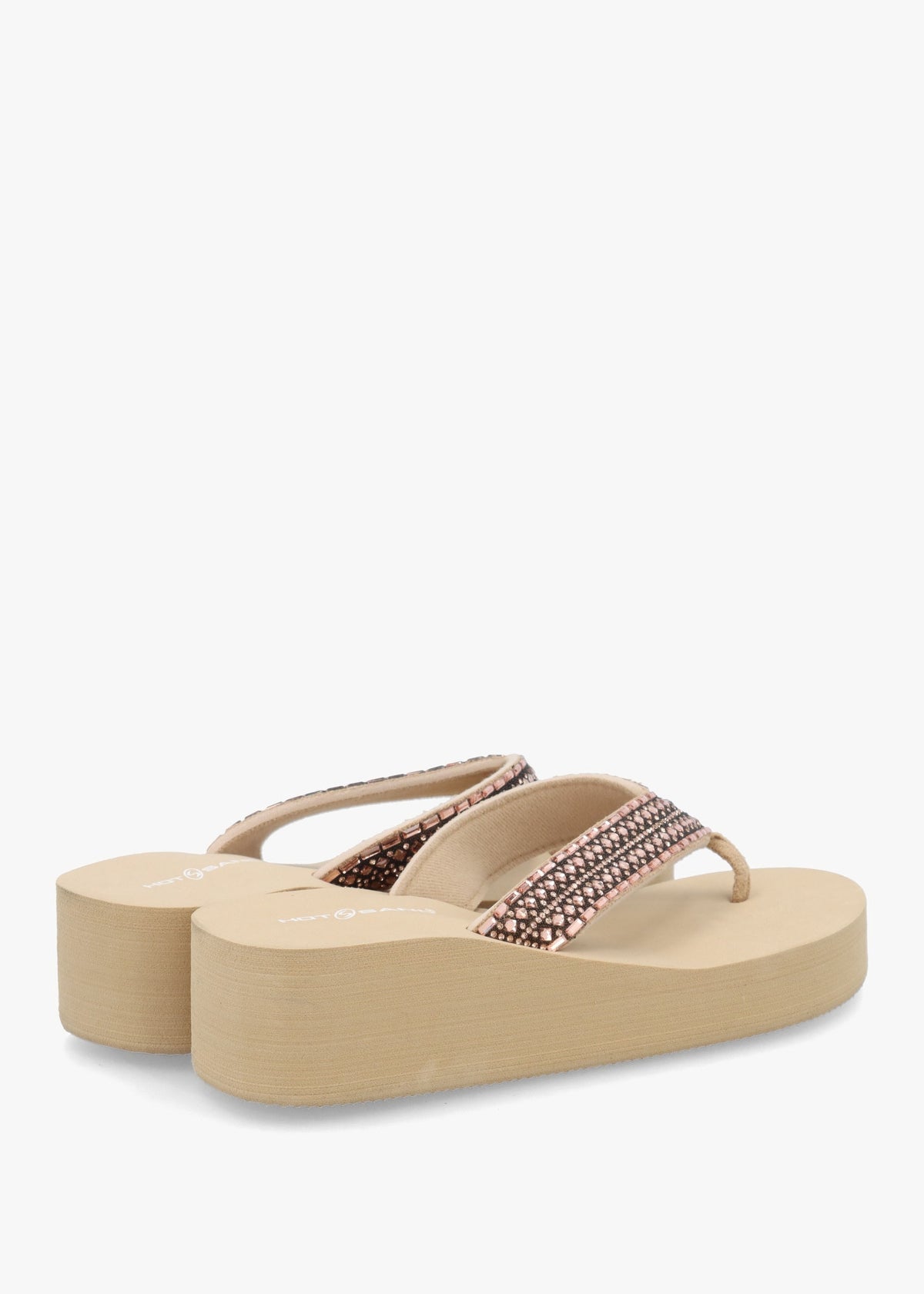 Beige Embellished Toe Post Low Wedge Flip Flops