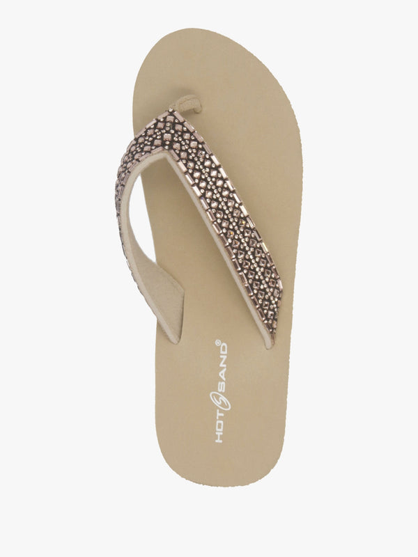 Beige Embellished Toe Post Low Wedge Flip Flops