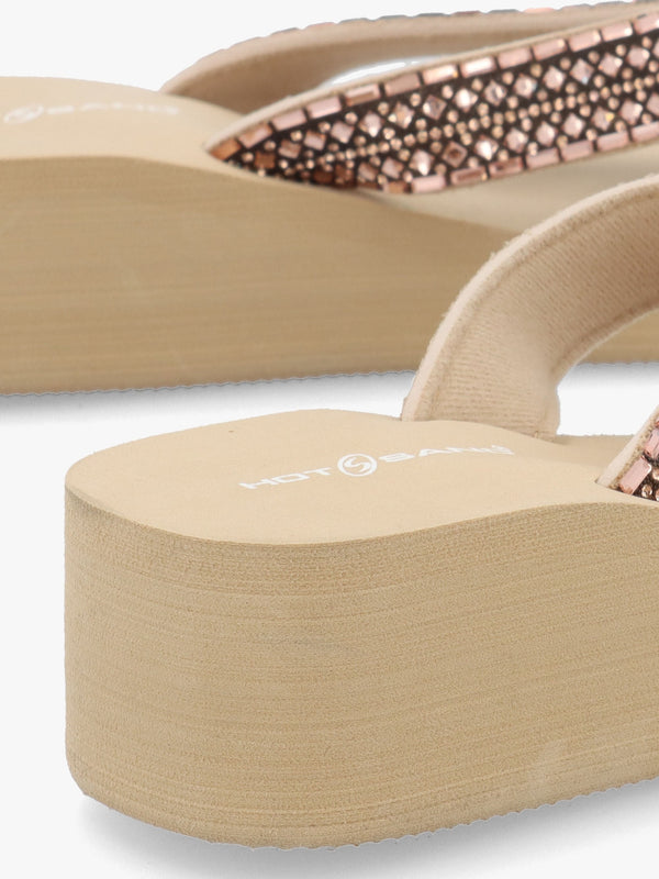 Beige Embellished Toe Post Low Wedge Flip Flops