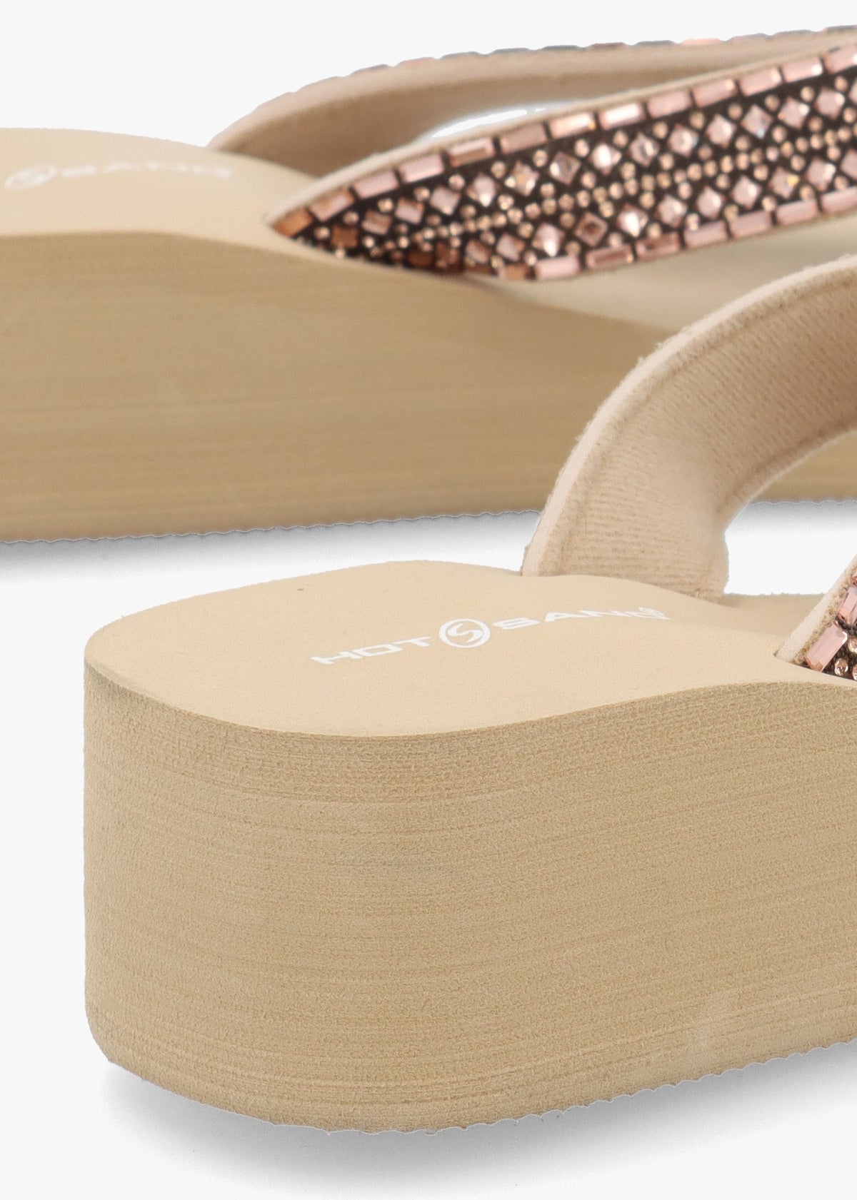 Beige Embellished Toe Post Low Wedge Flip Flops