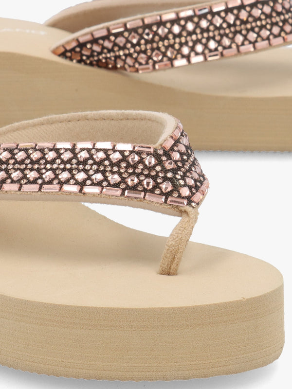 Beige Embellished Toe Post Low Wedge Flip Flops