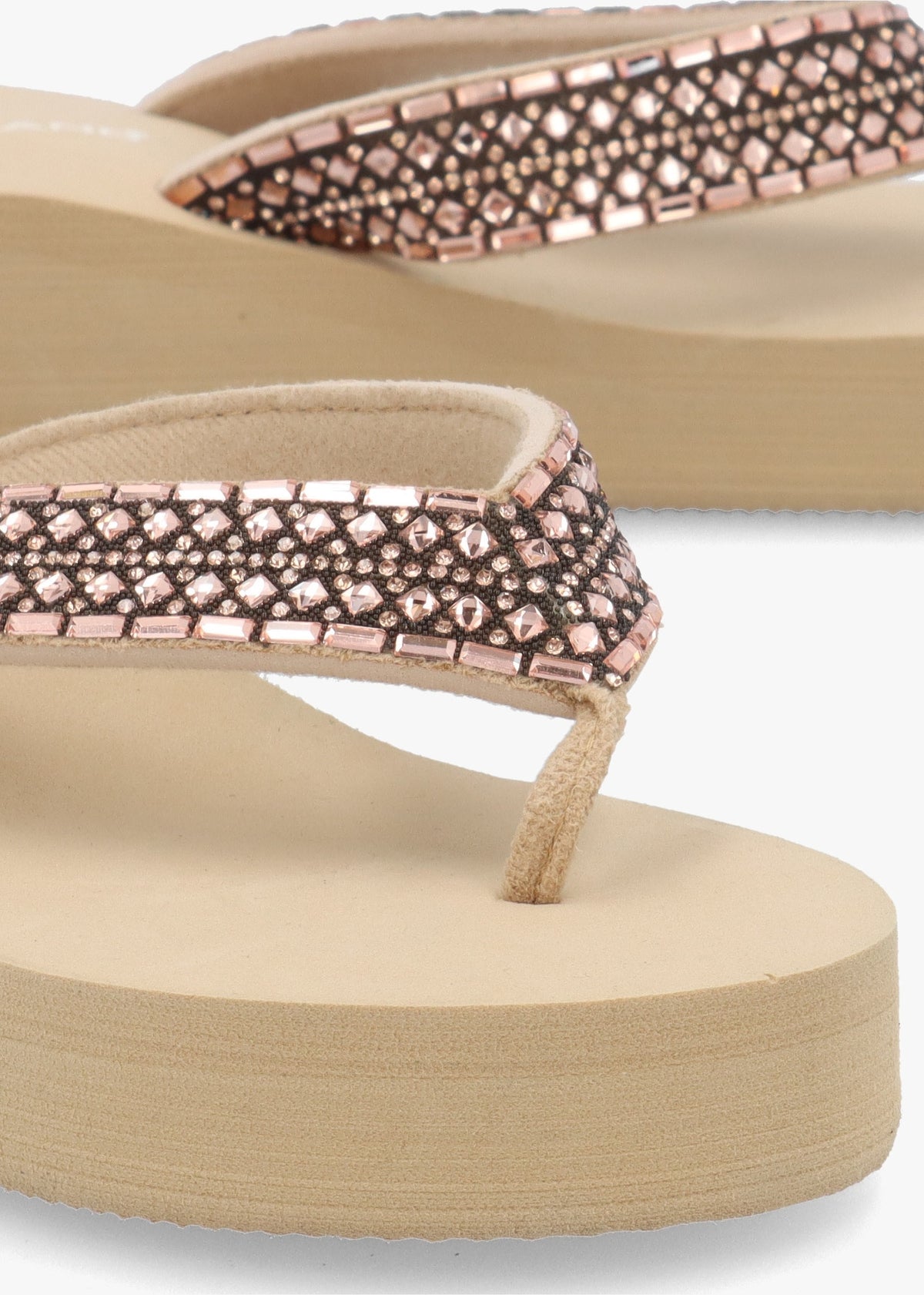 Beige Embellished Toe Post Low Wedge Flip Flops