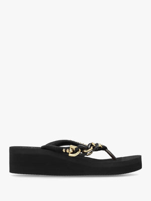 Black Embellished Toe Post Low Wedge Flip Flops