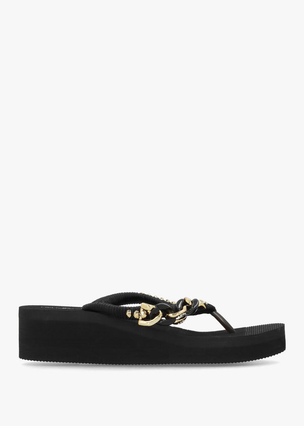 Black Embellished Toe Post Low Wedge Flip Flops