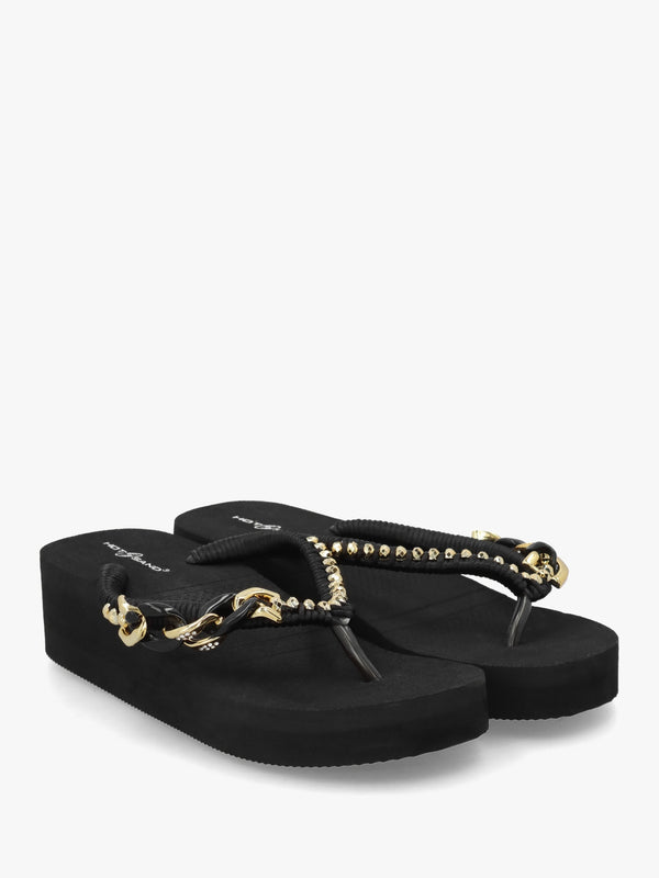 Black Embellished Toe Post Low Wedge Flip Flops