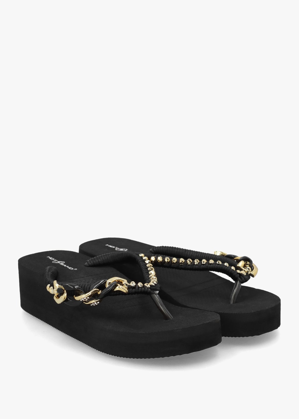 Black Embellished Toe Post Low Wedge Flip Flops