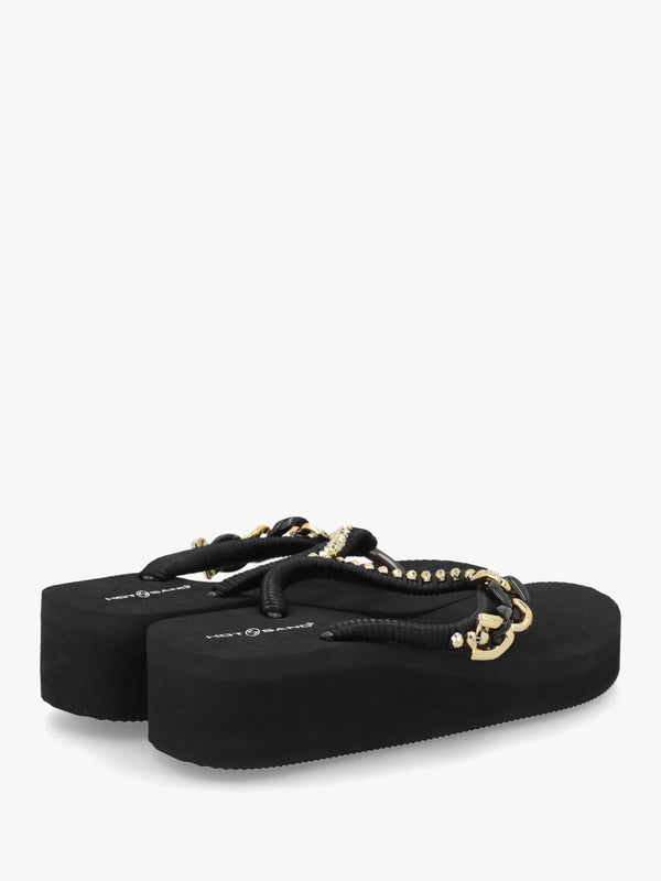 Black Embellished Toe Post Low Wedge Flip Flops