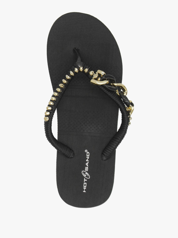 Black Embellished Toe Post Low Wedge Flip Flops