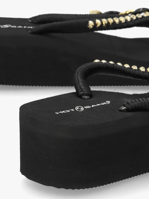 Black Embellished Toe Post Low Wedge Flip Flops