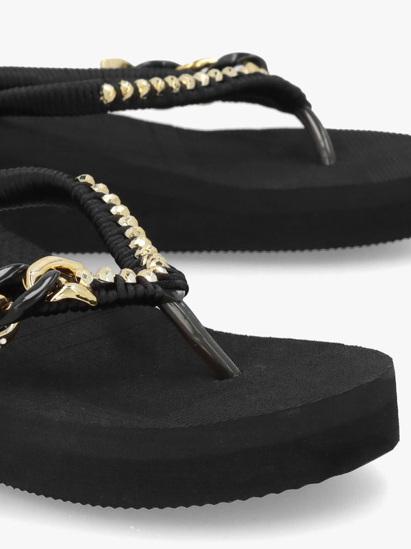 Black Embellished Toe Post Low Wedge Flip Flops