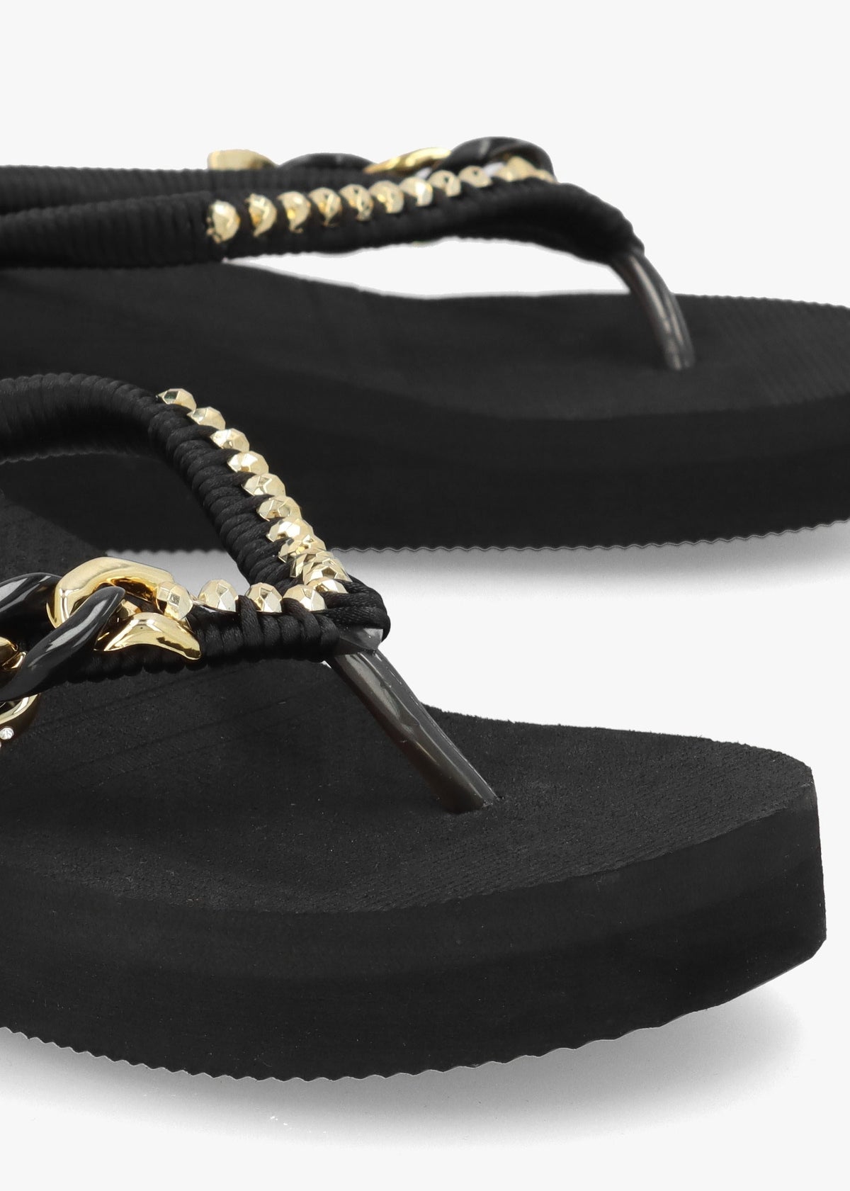 Black Embellished Toe Post Low Wedge Flip Flops