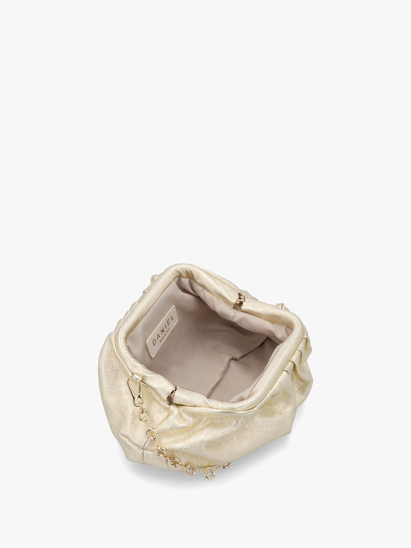 Inrouche Gold Leather Ruched Clutch Bag