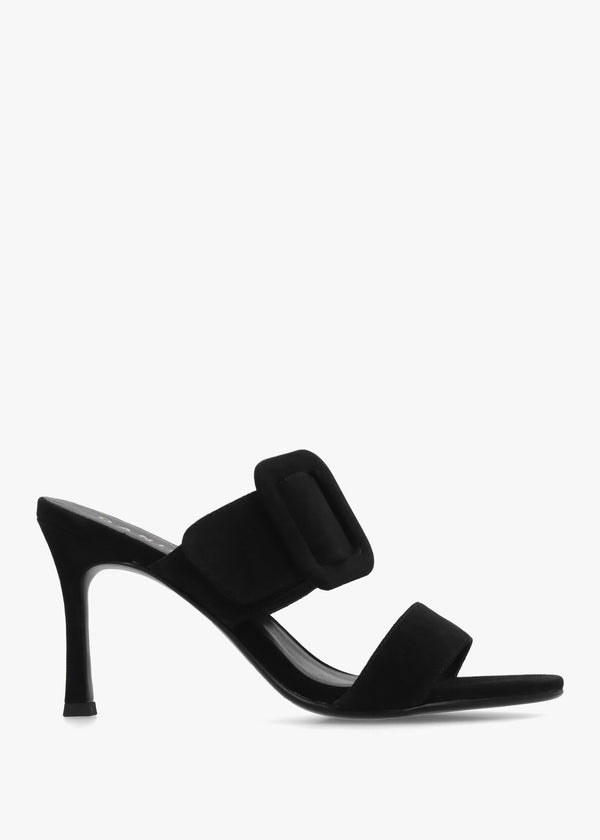 Eilish Black Suede Buckle Heeled Mules