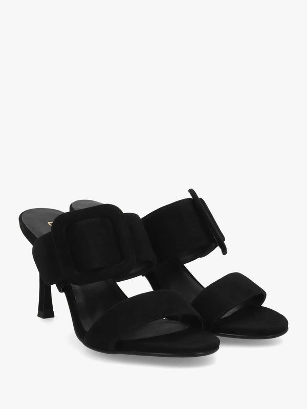 Eilish Black Suede Buckle Heeled Mules