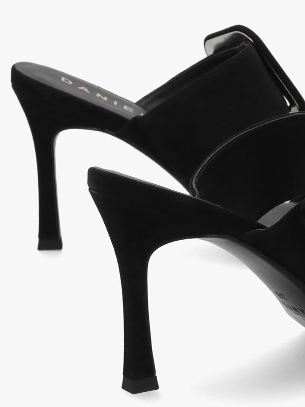 Eilish Black Suede Buckle Heeled Mules