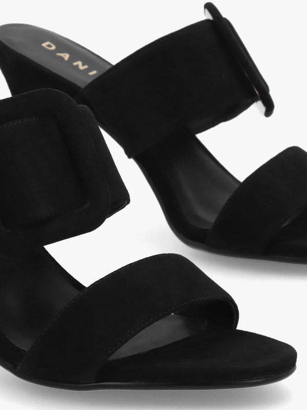 Eilish Black Suede Buckle Heeled Mules