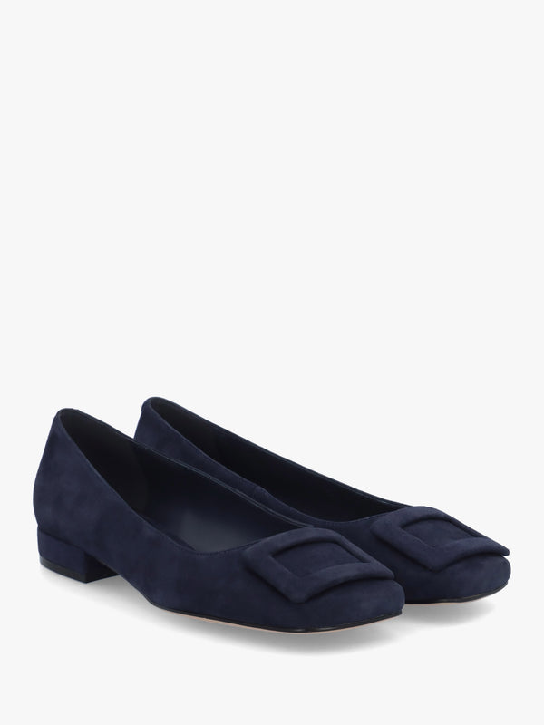 East Navy Suede Buckle Trim Flat Pumps