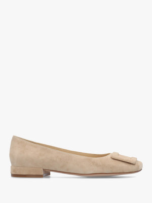 East Beige Suede Buckle Trim Flat Pumps