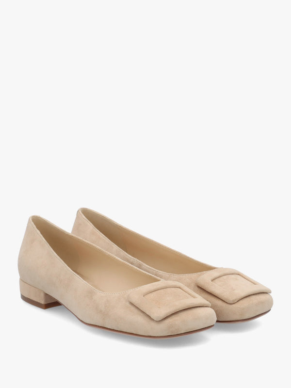 East Beige Suede Buckle Trim Flat Pumps