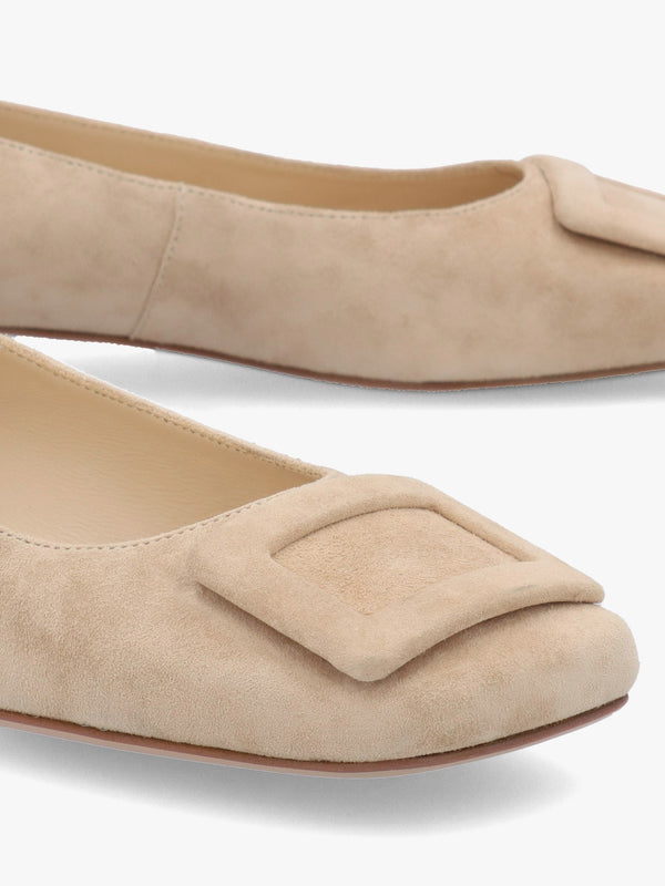 East Beige Suede Buckle Trim Flat Pumps