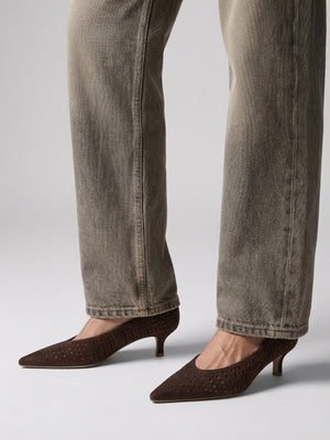 Skye Brown Suede Perforated Kitten Heel Court Shoes