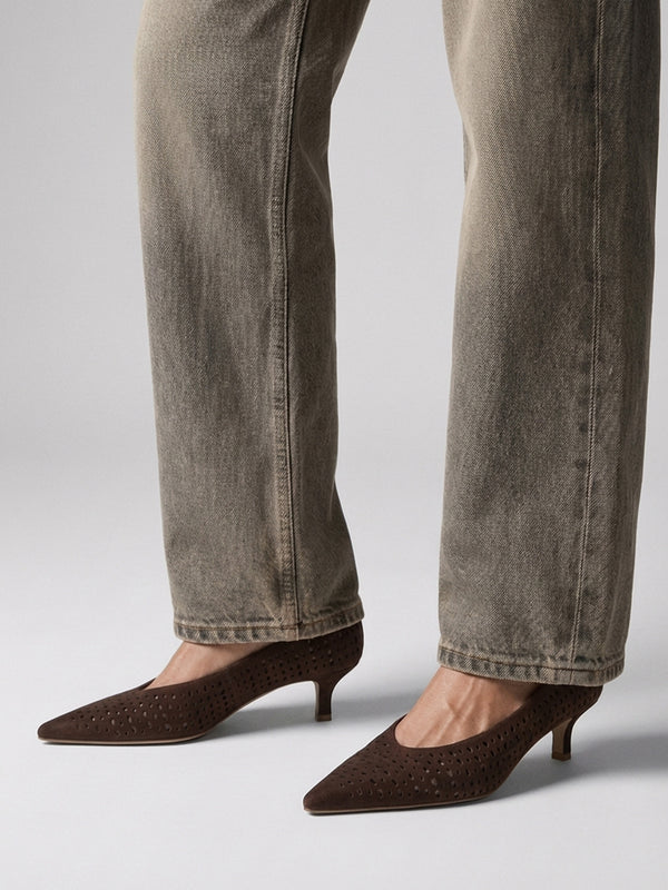 Skye Brown Suede Perforated Kitten Heel Court Shoes