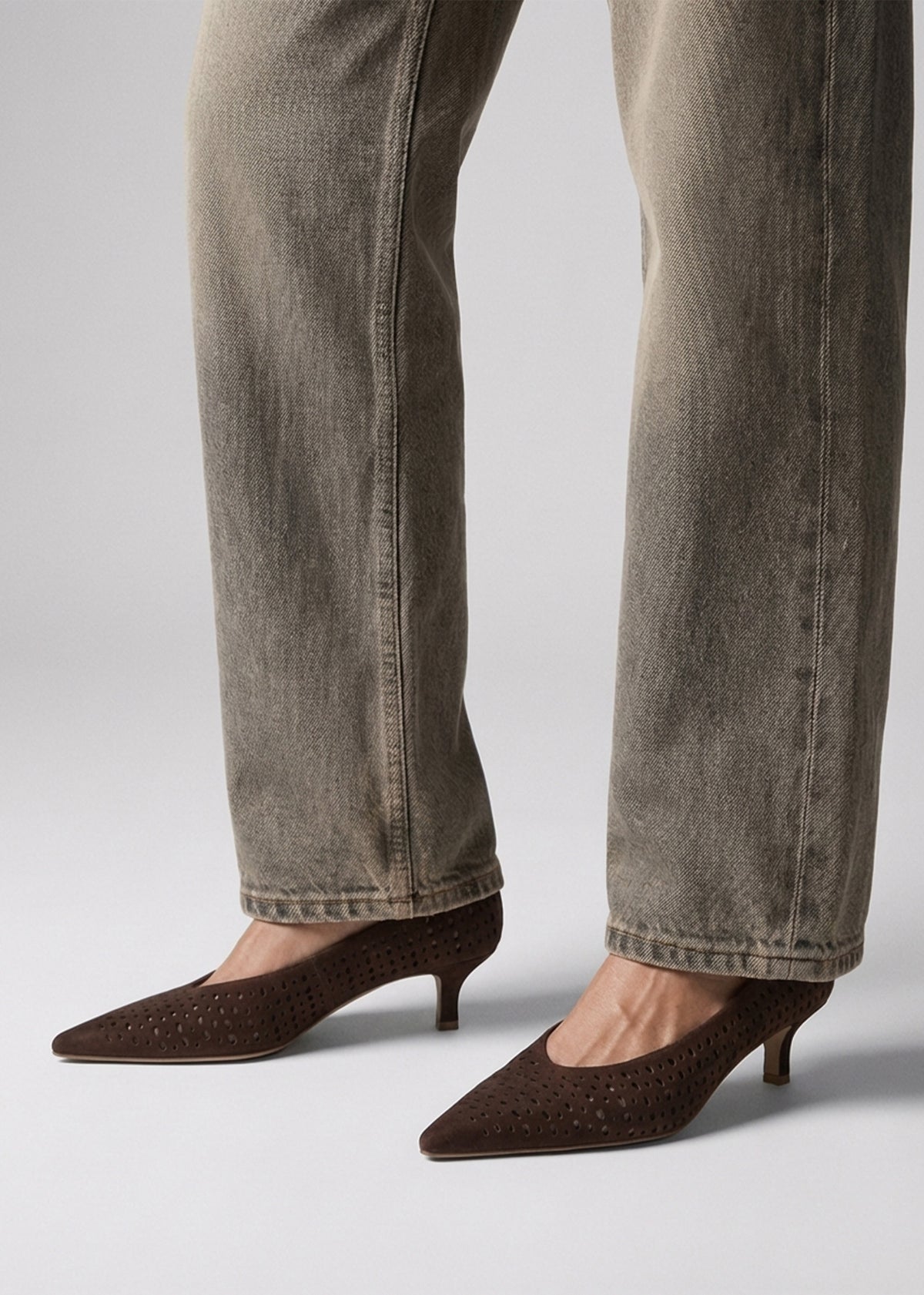 Skye Brown Suede Perforated Kitten Heel Court Shoes