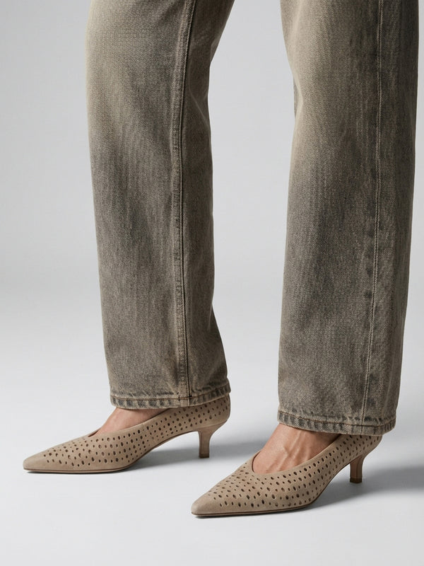 Skye Beige Suede Perforated Kitten Heel Court Shoes