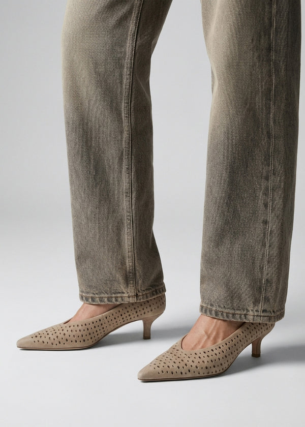 Skye Beige Suede Perforated Kitten Heel Court Shoes